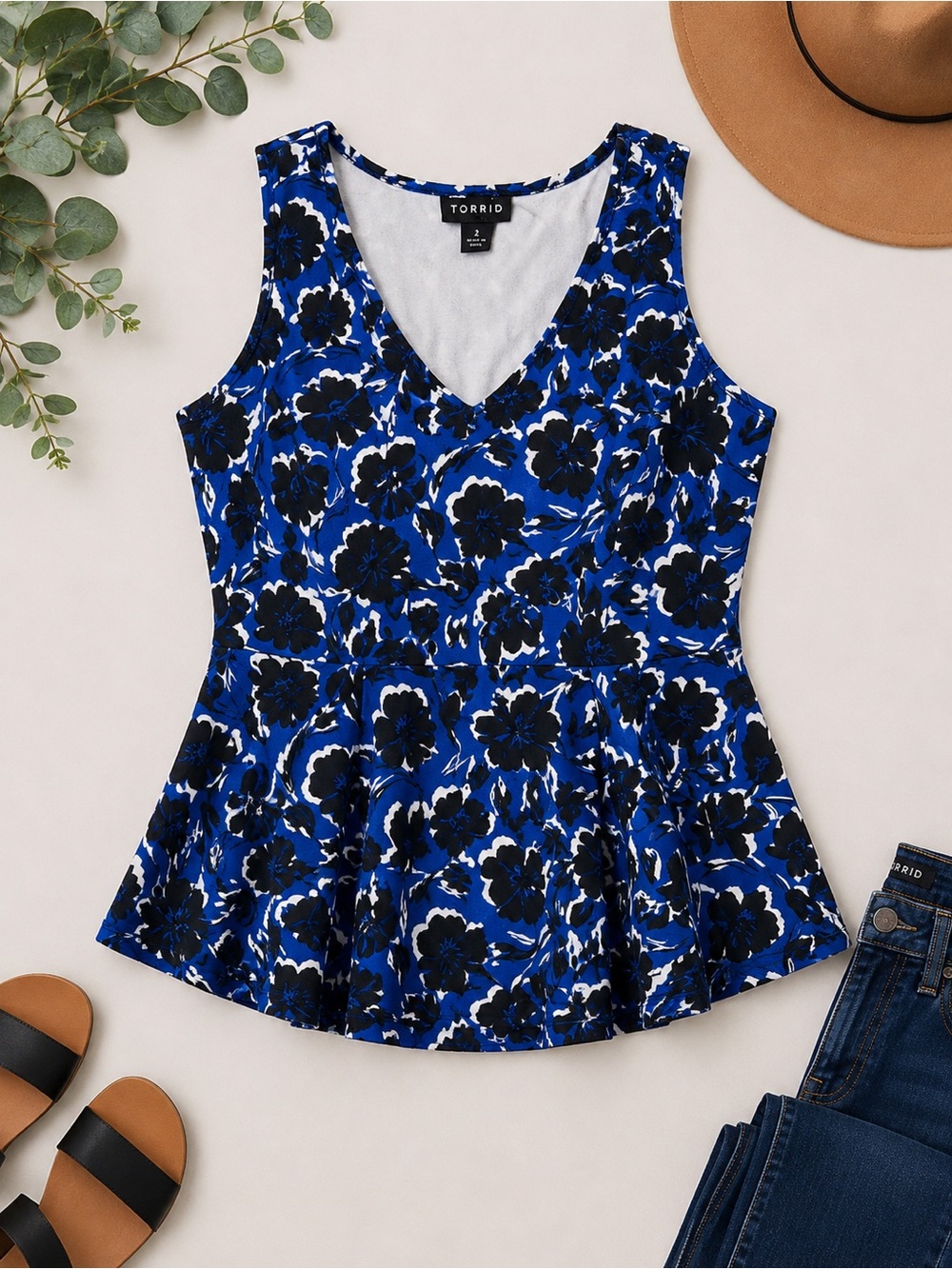 torrid Royal Blue & Black Floral V-Neck Peplum Tank